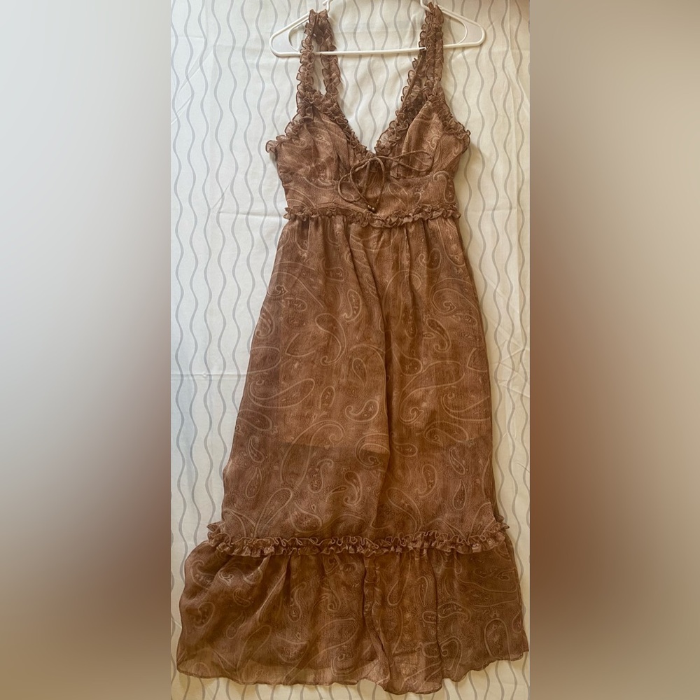 Brown Pleated Strapless Maxi Sundress